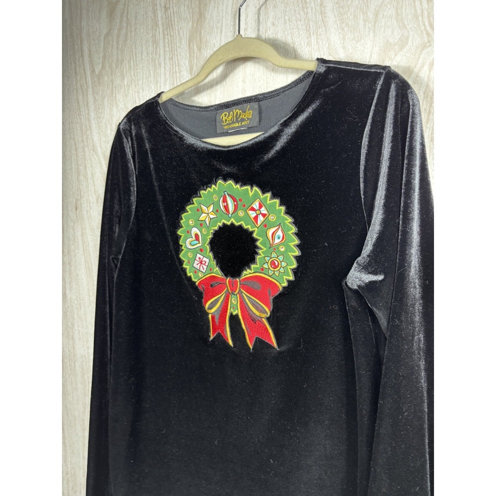 Bob Mackie Black Velvet Christmas Sweater Womens L Wreath Bow Wearable Art - Picture 4 of 5